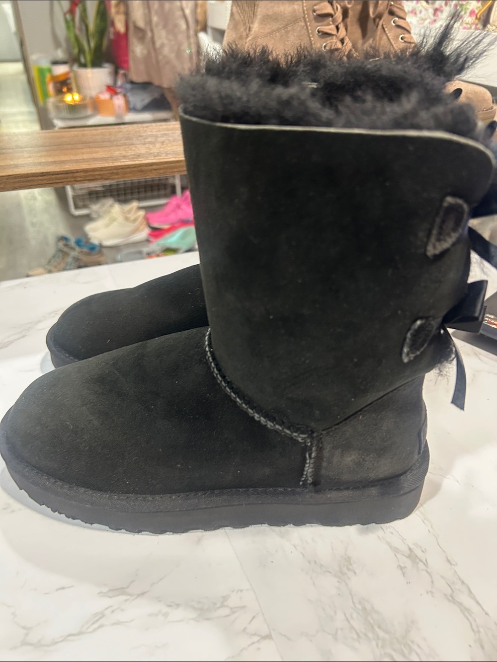 UGG Black Bailey Bow Suede Shearling Boots Women’s Winter Boots